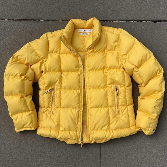 Vintage Y2K Tommy Hilfiger Jeans Yellow Puffer Coat Women's Size Medium Preppy - Picture 3 of 15